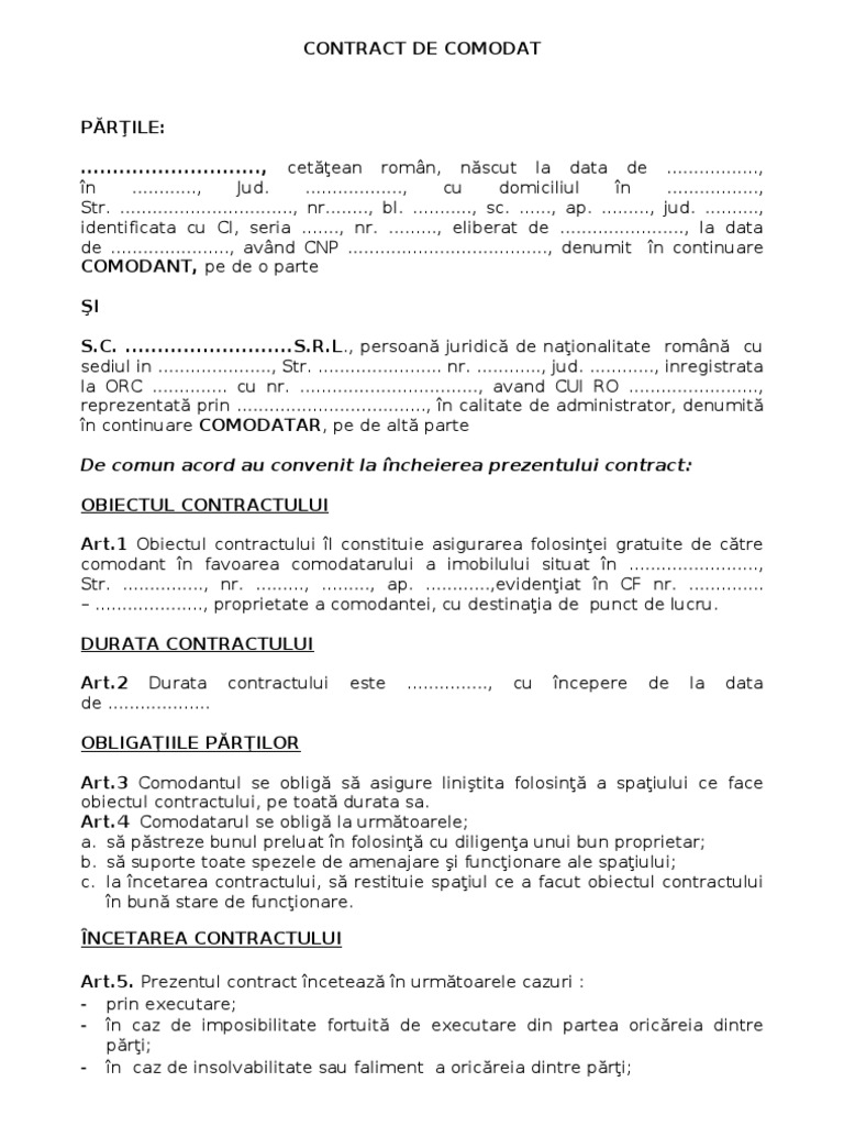 Contract de comodat imobil