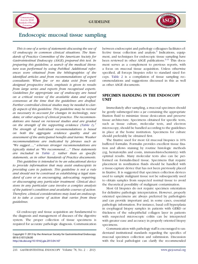 Endoscopic Mucosal Tissue Sampling ASGE 2013 | PDF | Biopsy ...