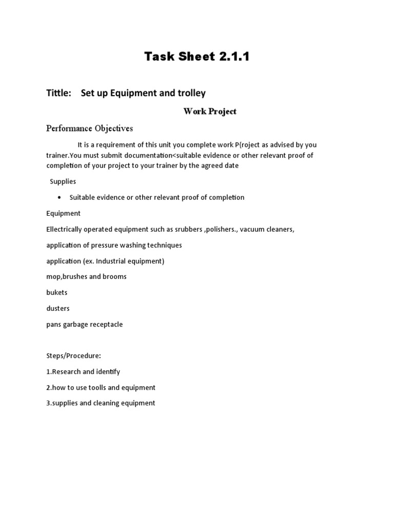 Task Sheet 2.1.1: Tittle: Set Up Equipment and Trolley | PDF ...