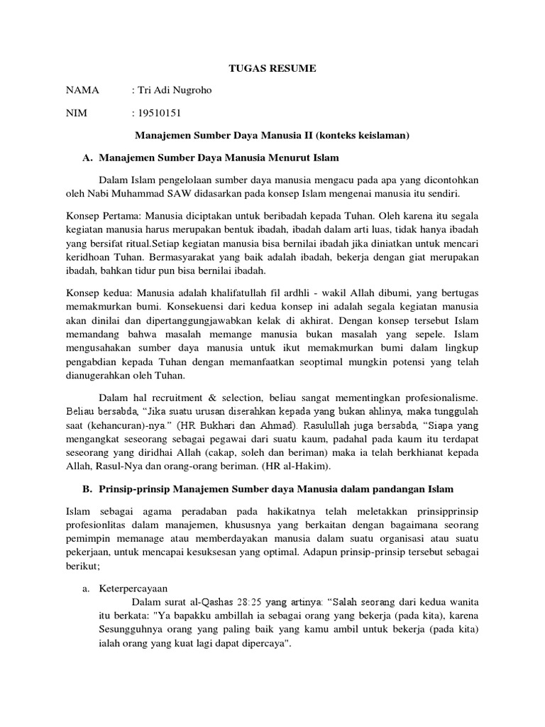 Resume Msdm Konteks Keislaman Tri Adi Nugroho 19510151 Pdf