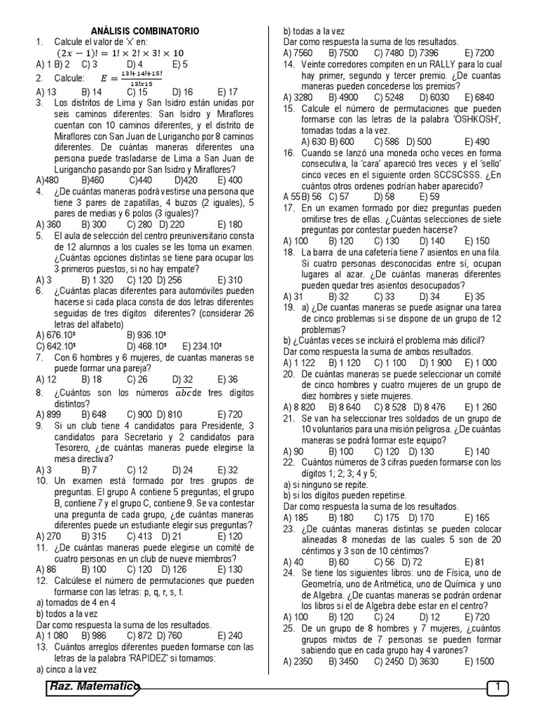 Ejercicios de Análisis Combinatorio | PDF | Enseñanza de matemática ...