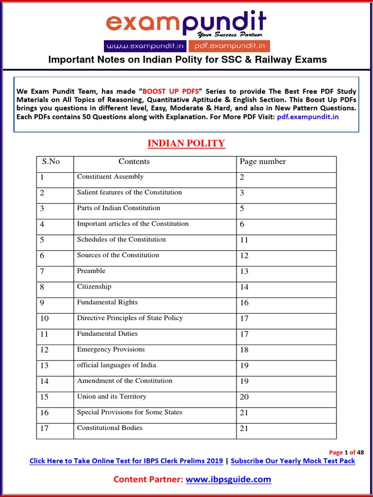 Indian Polity Notes For SSC Railway Exams | PDF | Naturalization | Policy