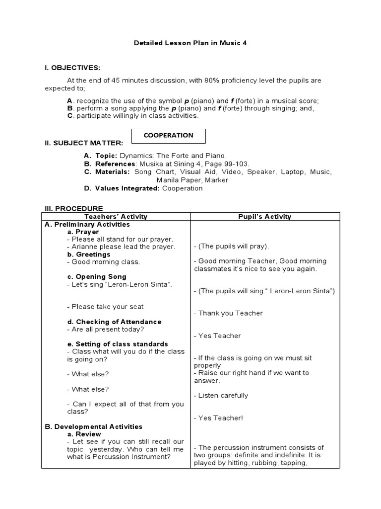 Grade 4 Music Dynamics Lesson Plan | PDF | Sound | Musical Instruments