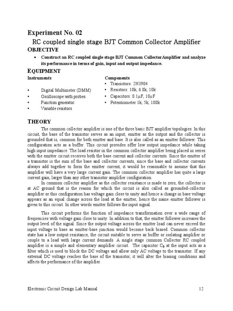 Experiment No. 02: RC Coupled Single Stage BJT Common Collector ...