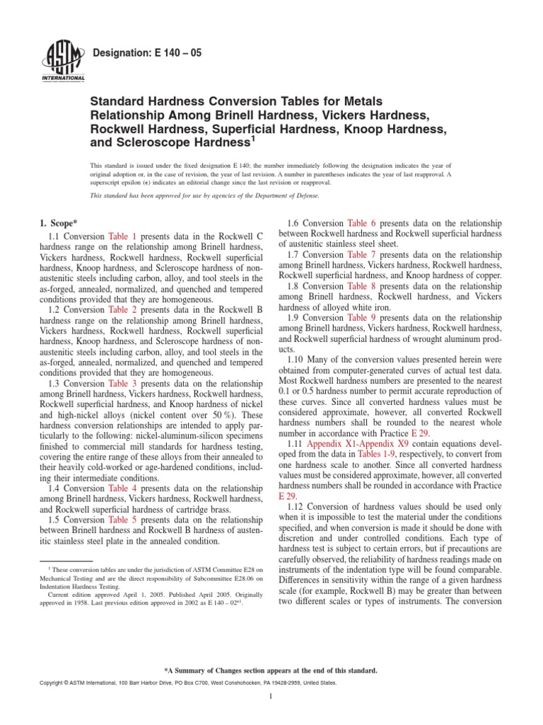ASTM E140 Hardness Conversion Table For Metals Relationship PDF Hardness Metals