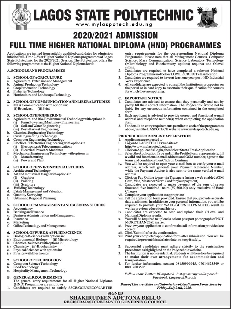 Lagos State Polytechnic: 2020/2021 ADMISSION 2020/2021 ADMISSION ...