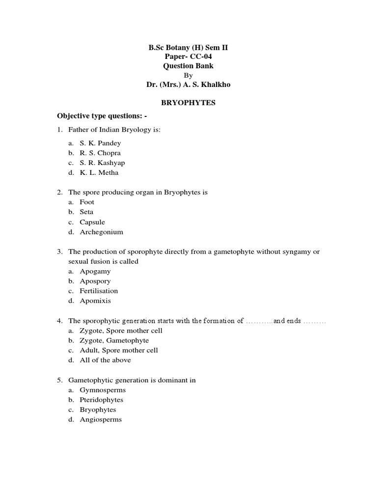 B.SC Botany (H) Sem II Paper-CC-04 Question Bank Dr. (MRS.) A. S ...
