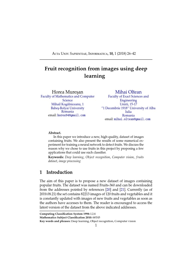Fruit Recognition From Images Using Deep Learning Horea Mures An PDF