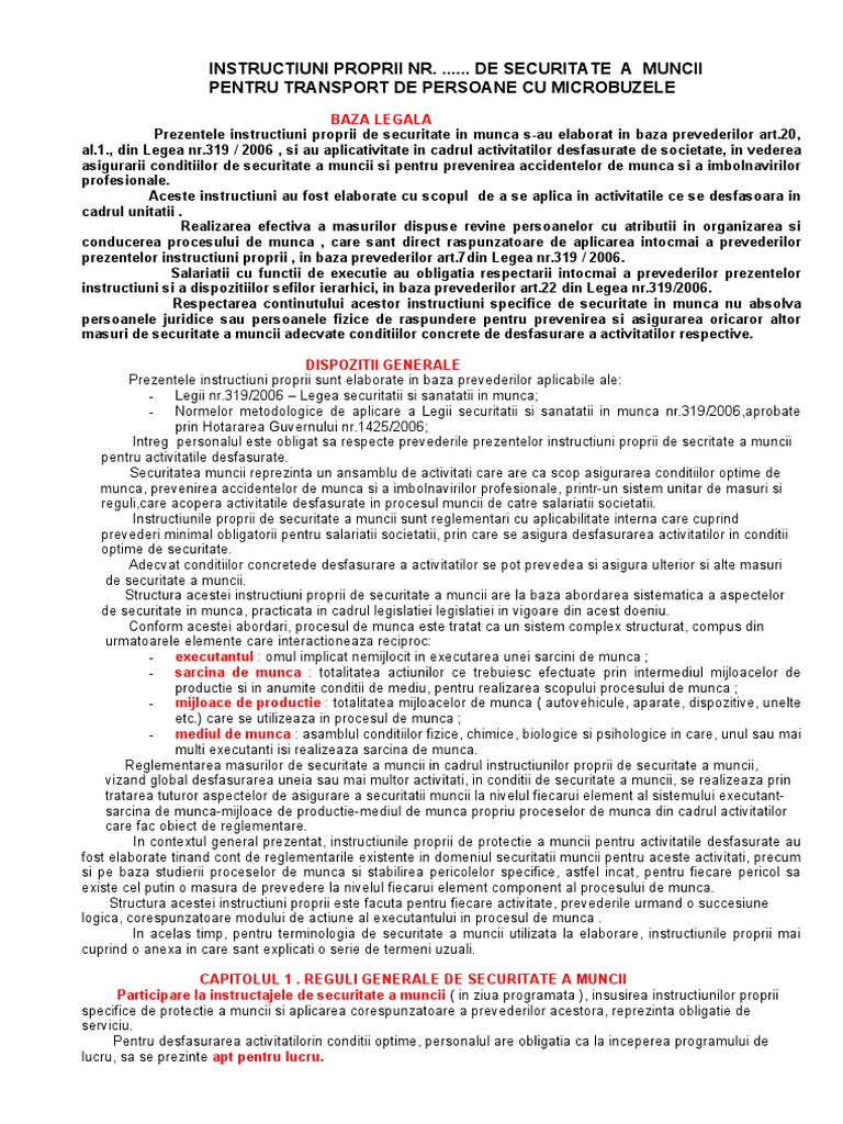 Instructiuni Proprii SSM Pentru Transport Persoane Cu Microbuze | PDF