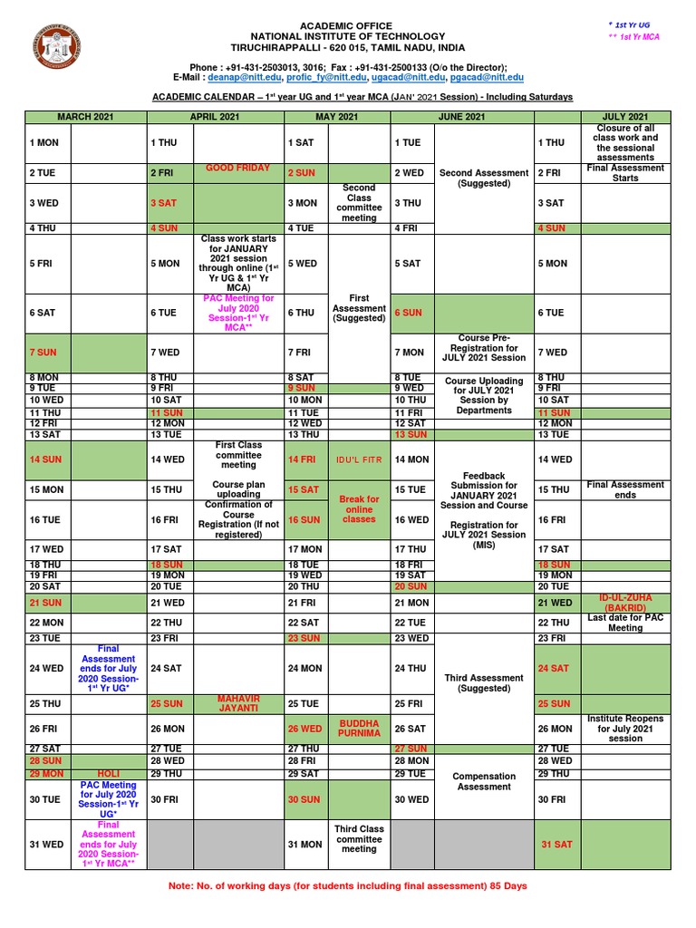 Academic Calendar First Year UG MCA Jan 2021 PDF