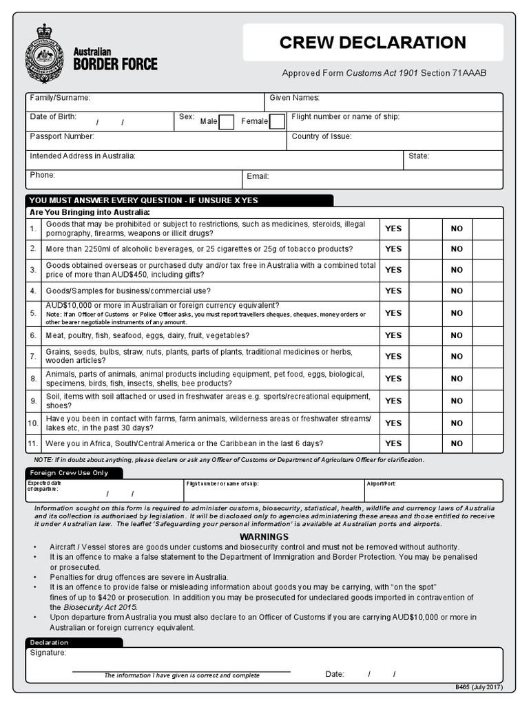 Crew Declaration Approved Form Customs Act 1901 Section 71AAAB PDF