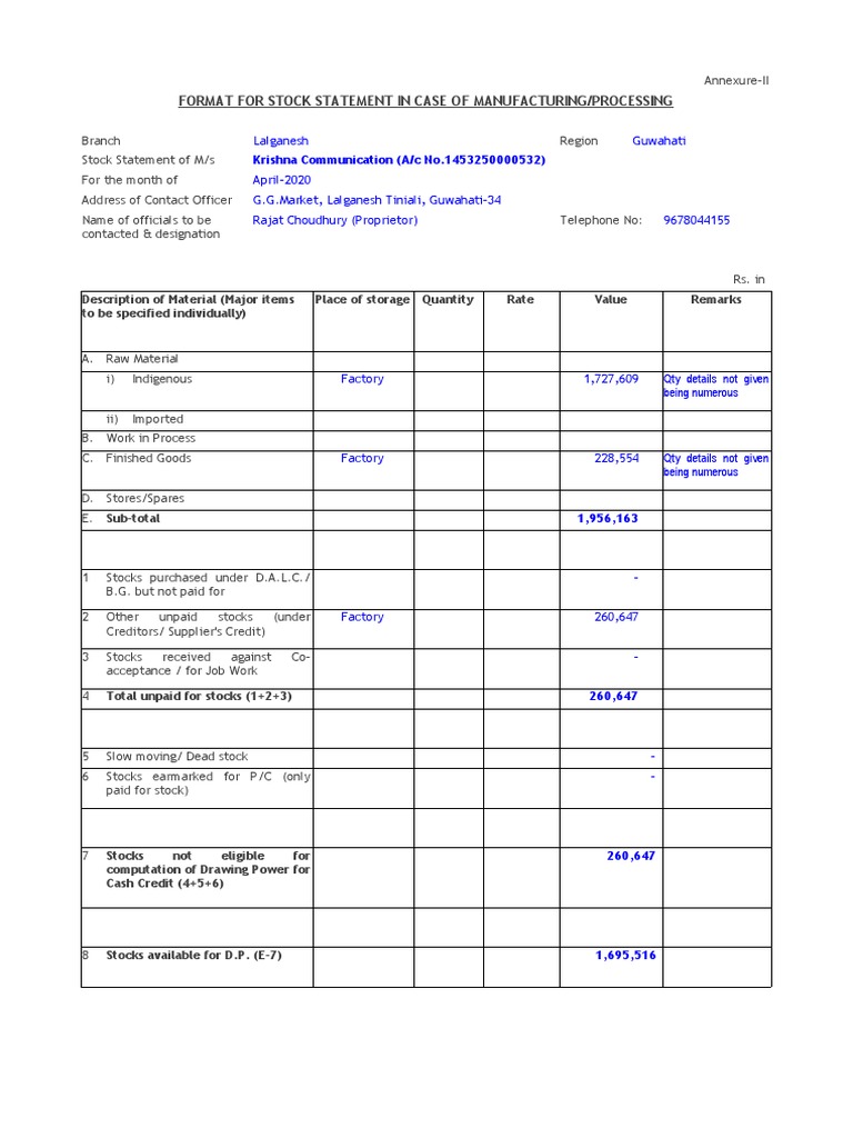 Format For Stock Statement in Case of Manufacturing/Processing | PDF ...