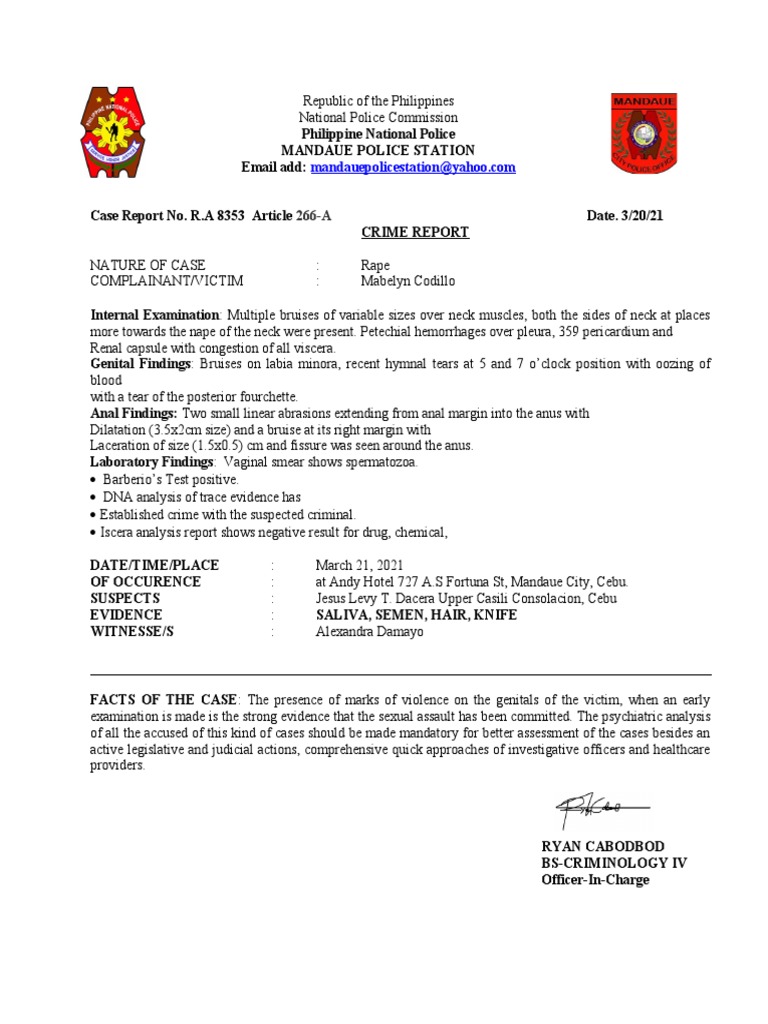 Report on a Rape Investigation Involving Multiple Bruises and Genital ...