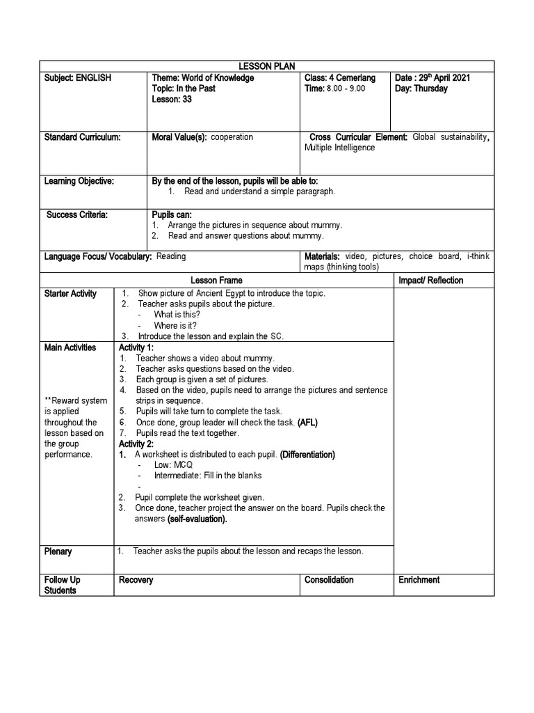 Lesson Plan Cefr Year 4 Mummies Pdf Curriculum Lesson Plan