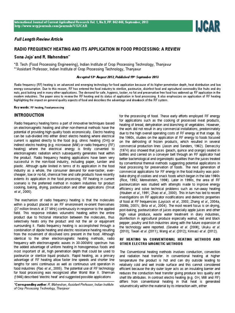 RF Heating in Food Processing Review | PDF | Permittivity ...