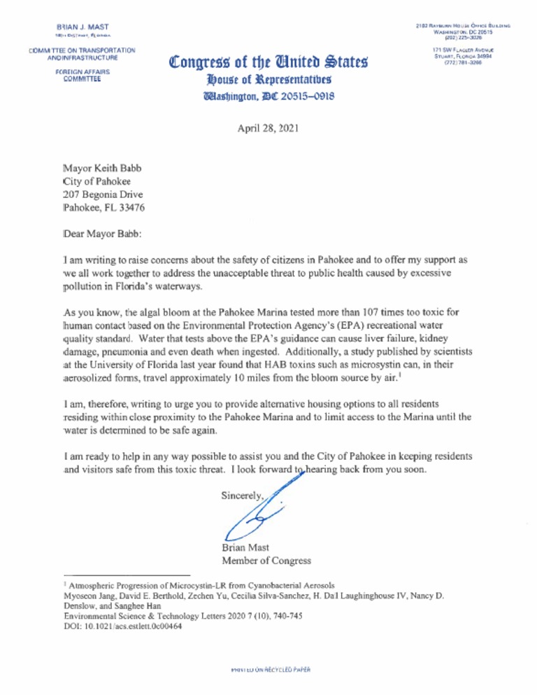 Rep. Mast's Letter To Pahokee Mayor Babb Re HAB PDF