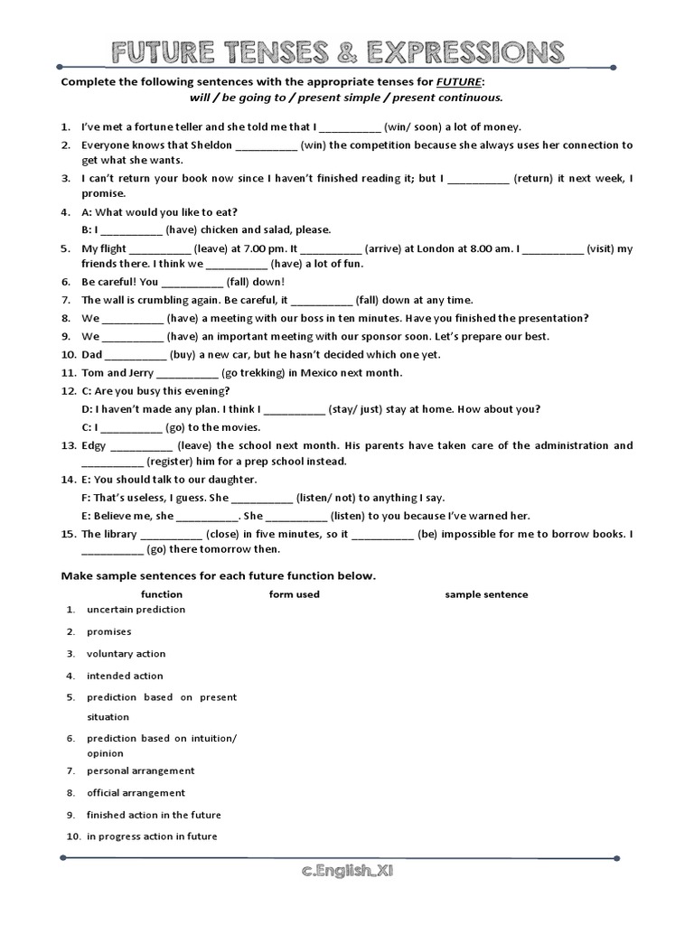 Future Tenses Practice Exercises | PDF | Language Arts & Discipline
