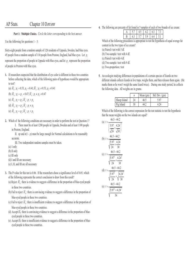 Ch. 10 Practice Test Solutions | PDF | P Value | Student's T Test