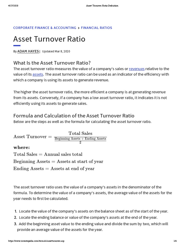 Asset Turnover Ratio Definition Investopedia PDF Revenue Fixed