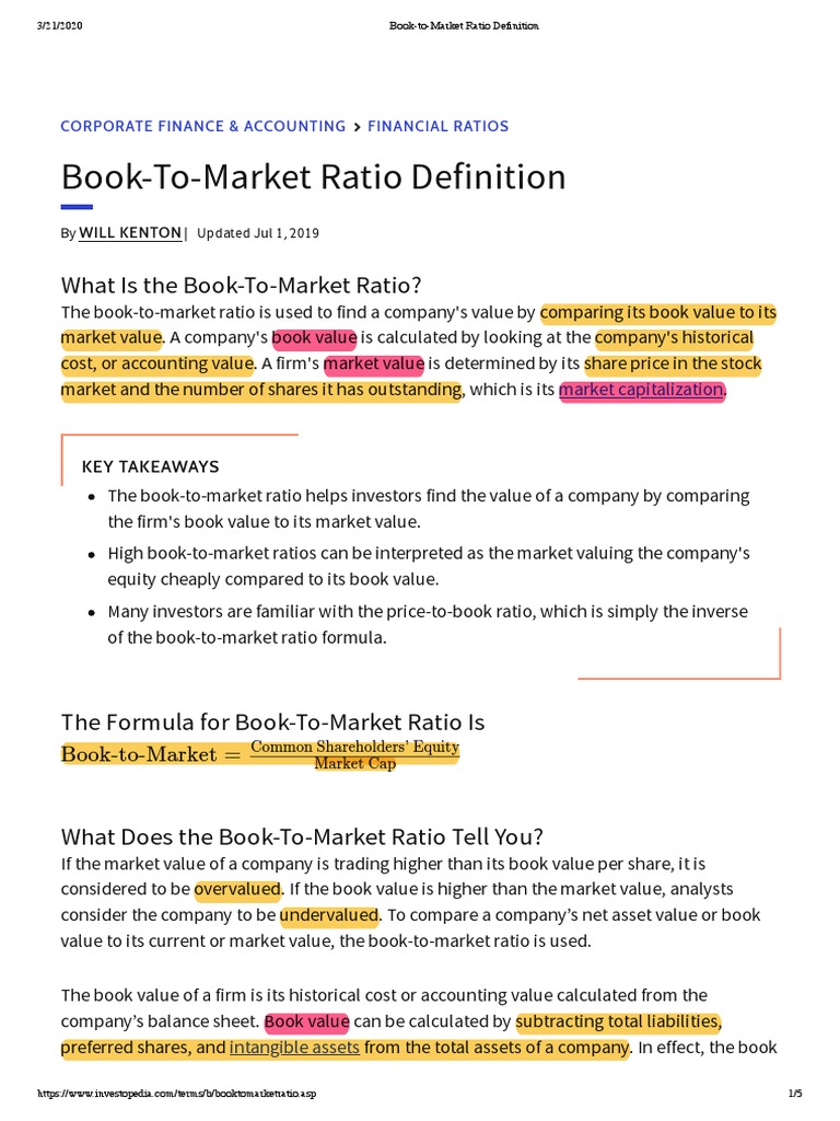 BooktoMarket Ratio Definition Investopedia PDF Book Value Stocks