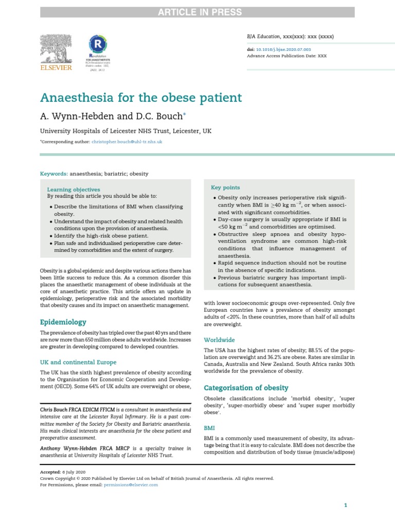 Anaesthesia For The Obese Patient | PDF | Abdominal Obesity | Obesity