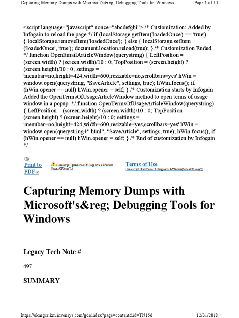 Capturing Memory Dumps With Microsoft's® Debugging Tools For Windows PDF Computer