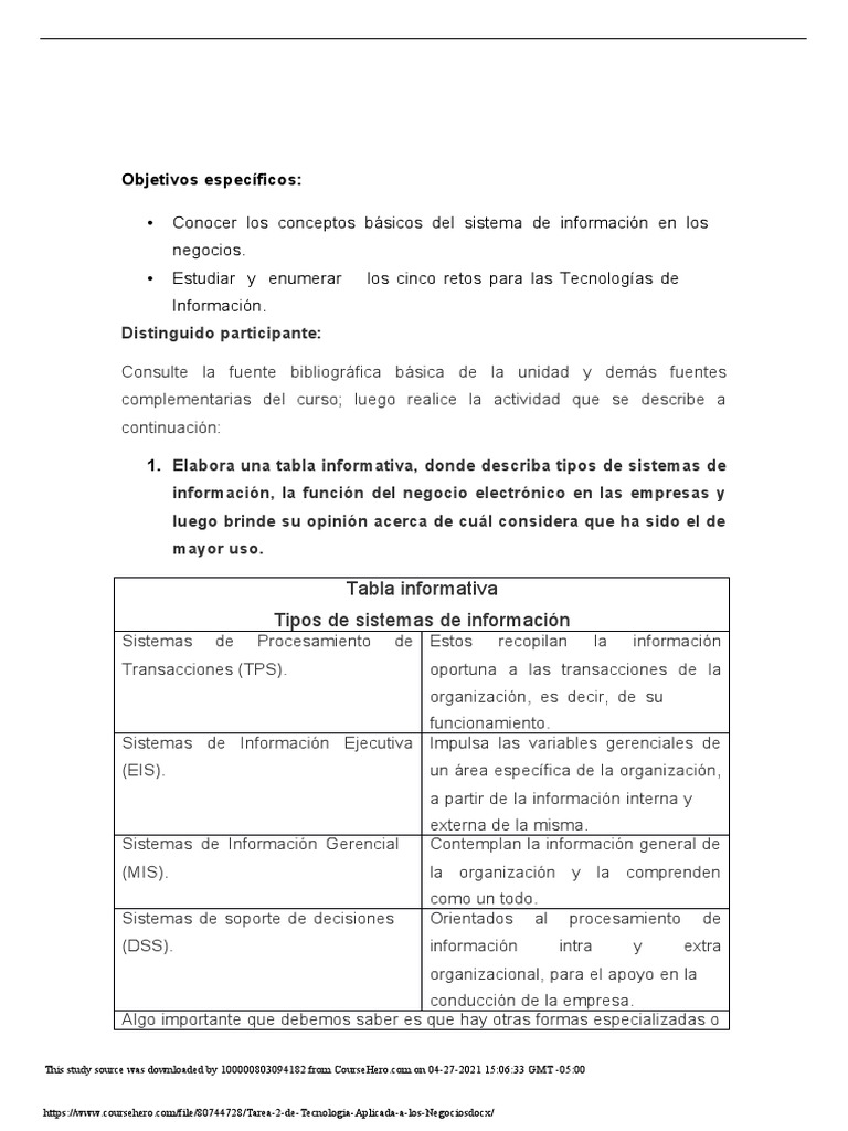 Retos y Tipos de Sistemas de Información | PDF | Sistema de informacion ...
