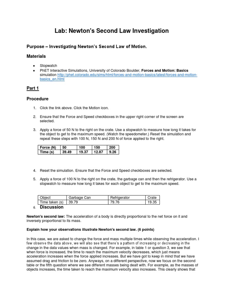 Lab: Newton's Second Law Investigation | PDF | Acceleration | Force