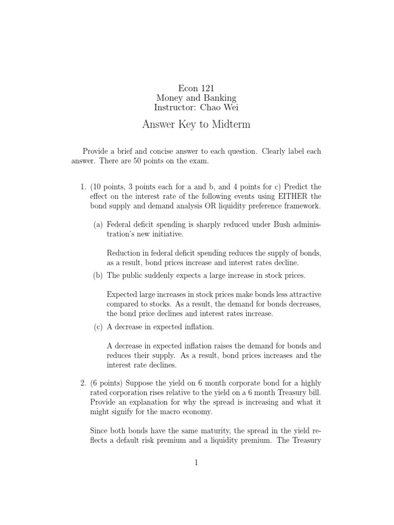 Answer Key To Midterm Econ 121 Money and Banking Instructor Chao Wei