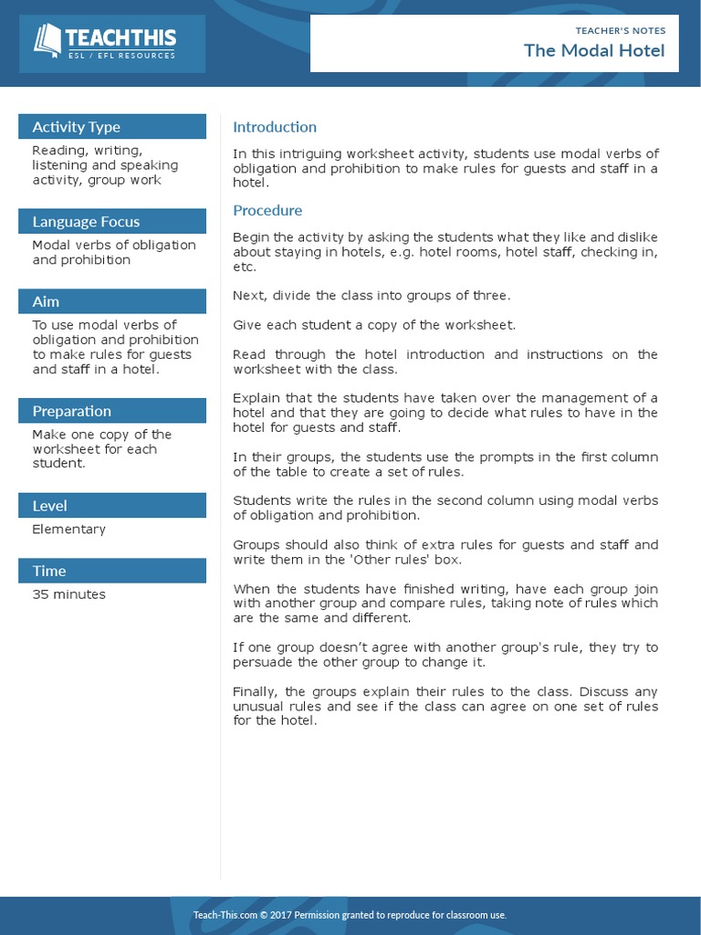 The Modal Hotel: Activity Type | PDF | English As A Second Or Foreign ...