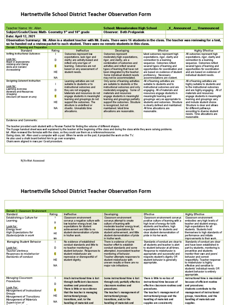 Model teacher observation rubric for class pdf educational