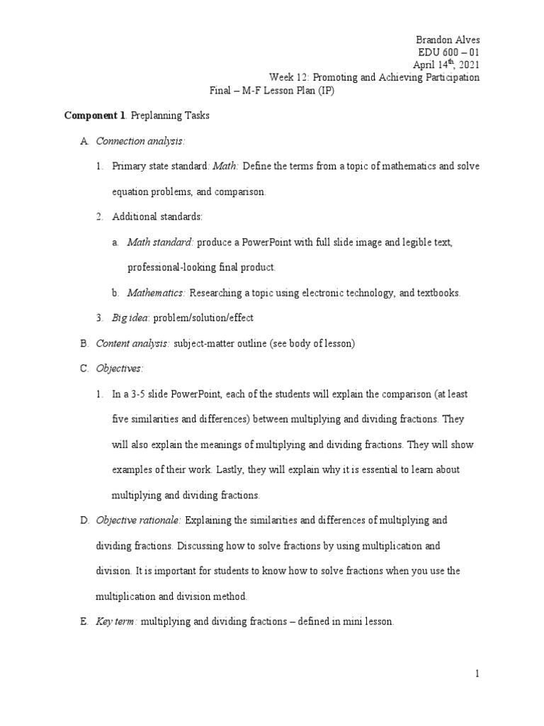 Final - M-F Lesson Plan Ip | PDF | Multiplication | Human Nature