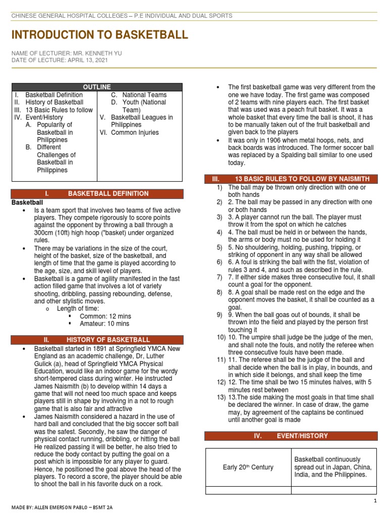 Introduction To Basketball: Outline | PDF | Referee | Games Of Physical ...