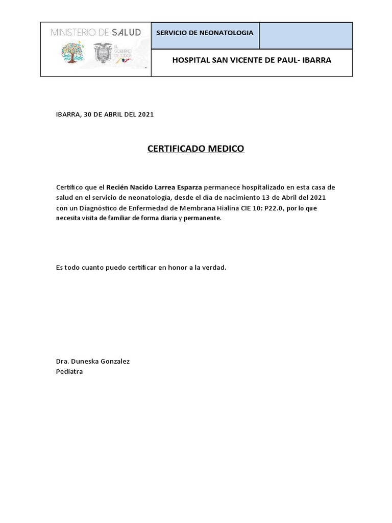 CERTIFICADO DE Hospitalizacion Neop | PDF