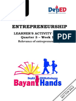 Entrepreneurship: Learner'S Activity Sheet Quarter 3 - Week 1-2: Relevance of Entrepreneurship
