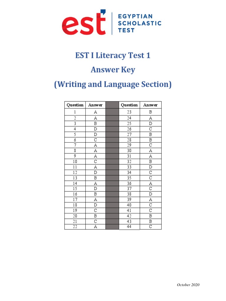 EST I Literacy Test I Answer Key Writing and Language Section PDF