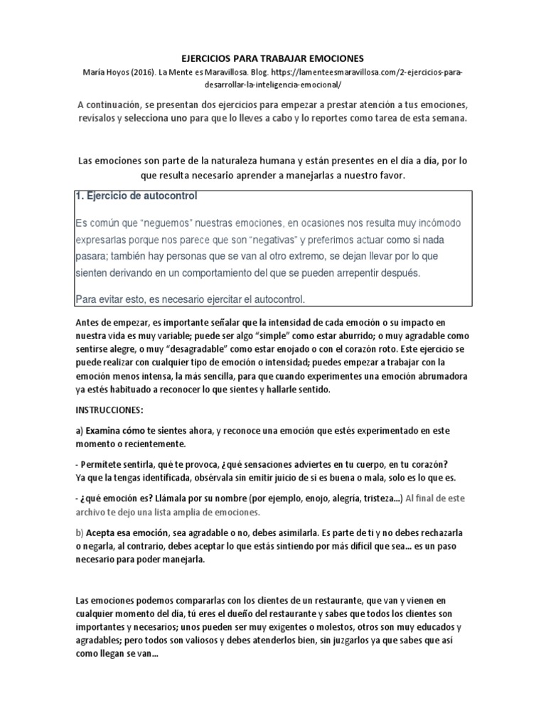 Ejercicios para Trabajar Emociones | PDF | Inteligencia emocional | Las ...