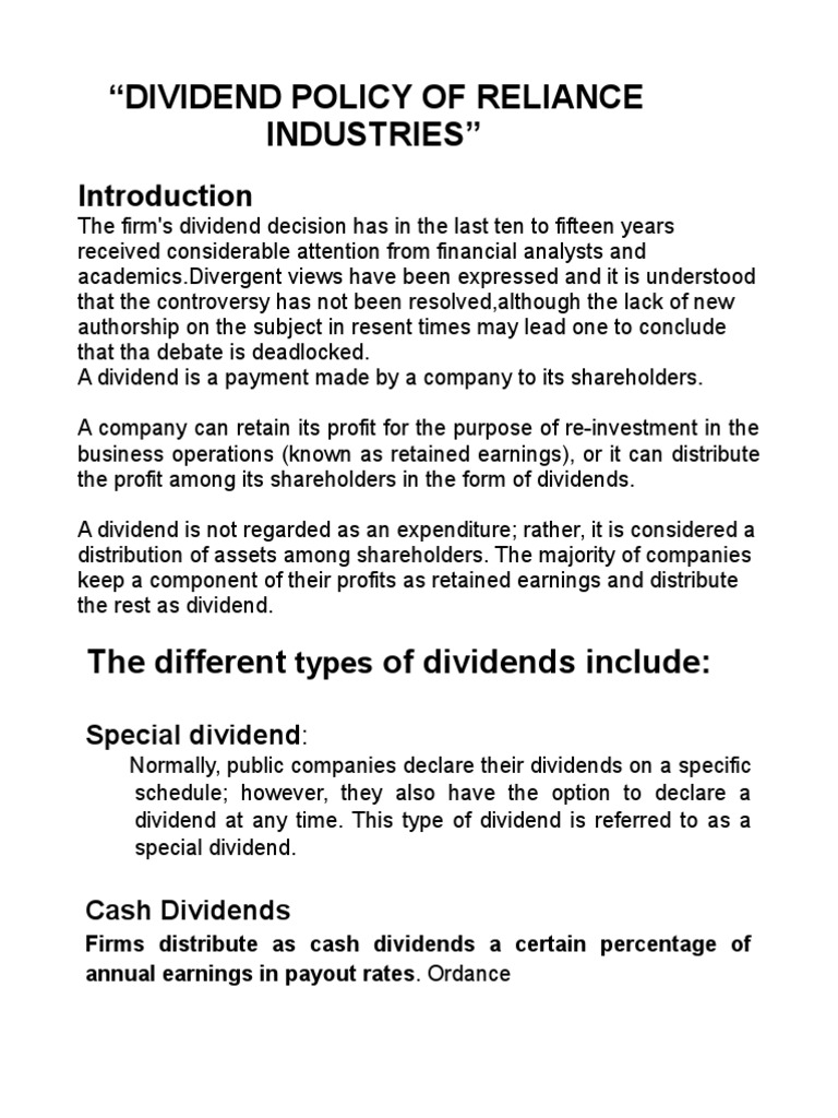 Dividend Policy of Reliance Industries Itd. PDF Dividend Stocks