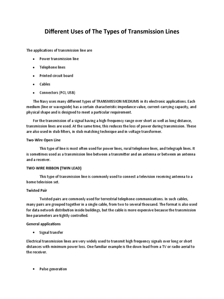 Applications of Transmission Lines | PDF | Transmission Line | Electric ...