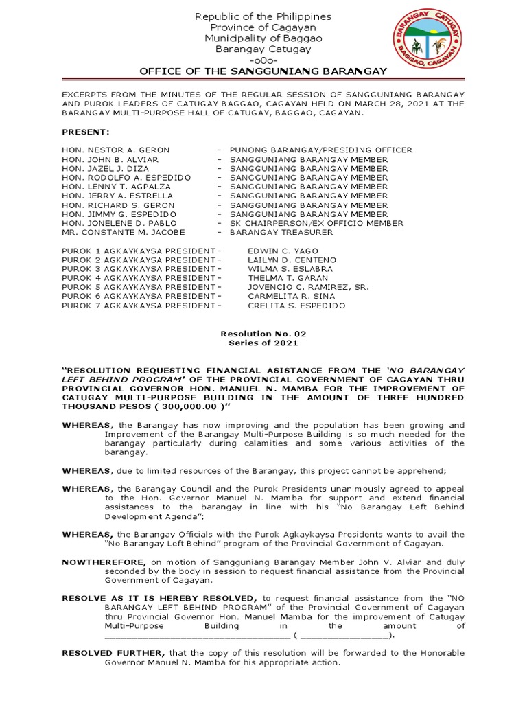 Resolution Requesting Financial Assistance from Cagayan Province's 'No Barangay Left Behind