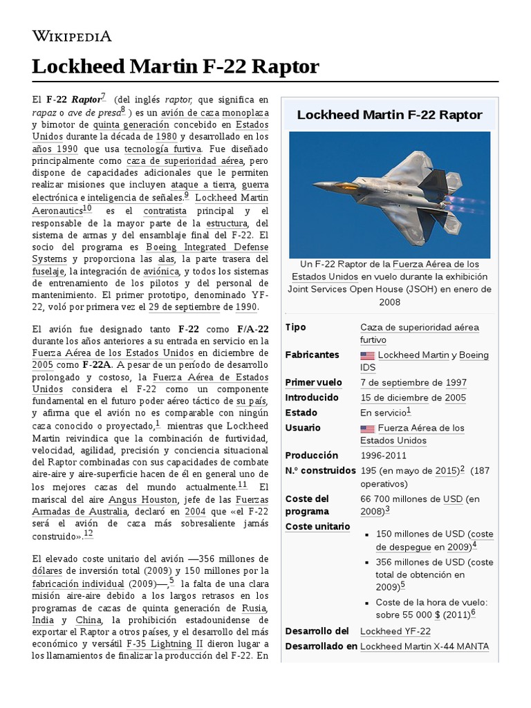 Lockheed Martin F-22 Raptor | PDF | Avión de combate | Aeronave