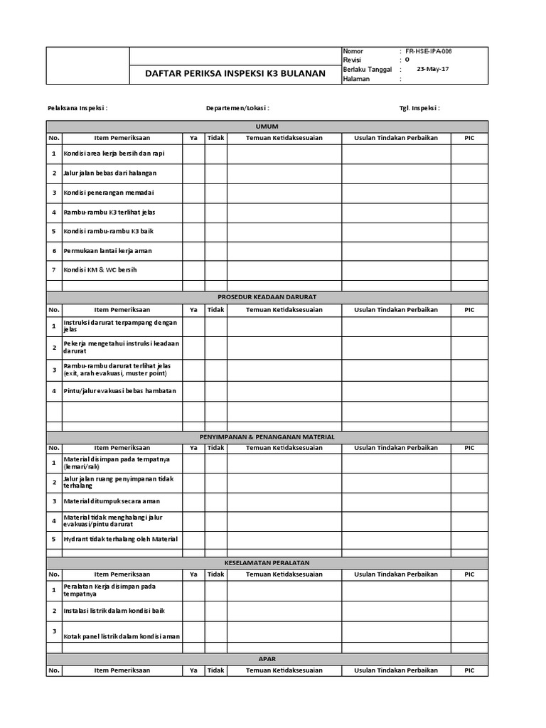 Daftar Periksa Inspeksi K3 Bulanan | PDF