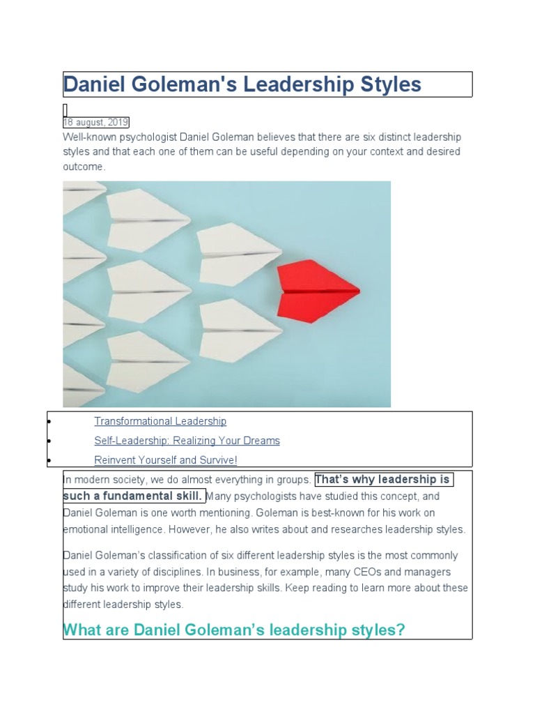 Goleman's Six Leadership Styles Explained | PDF | Leadership | Human Nature