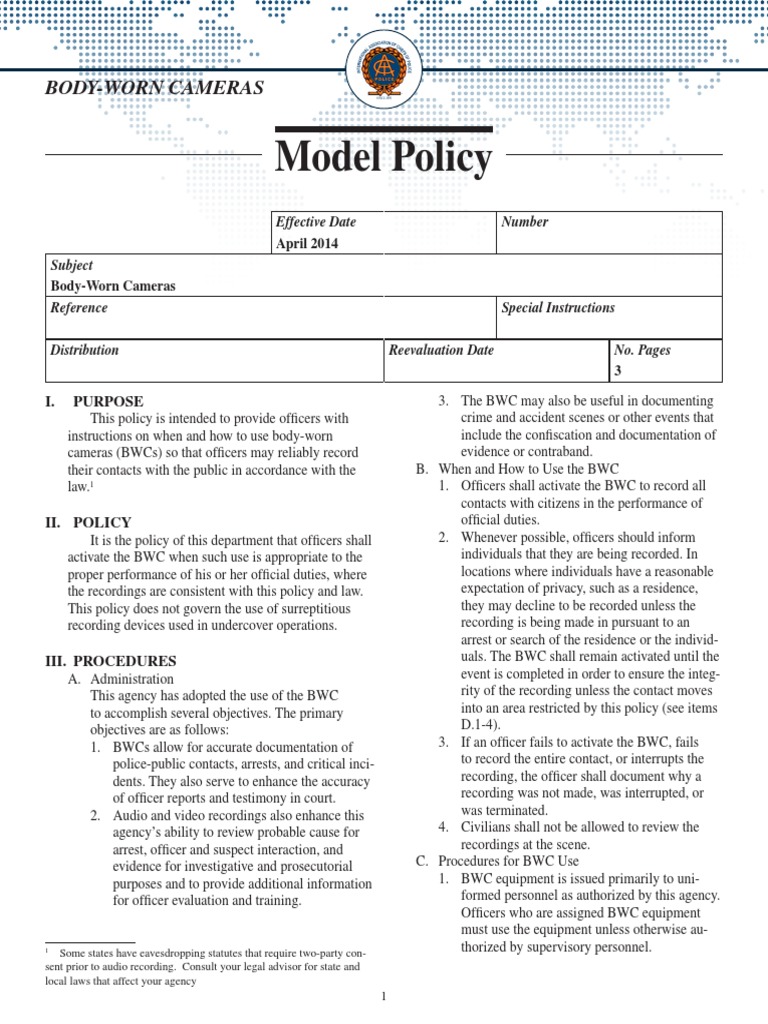 Model Policy: Body-Worn Cameras | PDF | Police | Crime & Violence