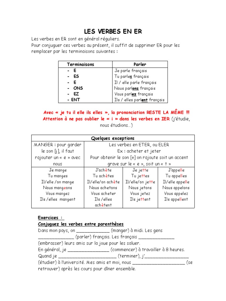 Conjugaison des verbes en ER | PDF | Langues | Arts du langage et ...