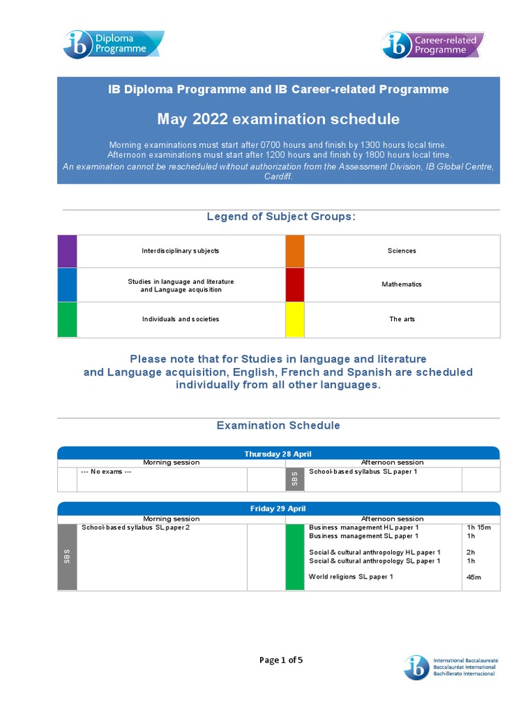 May 2022 IB Exam Schedule | PDF | Test/Examination