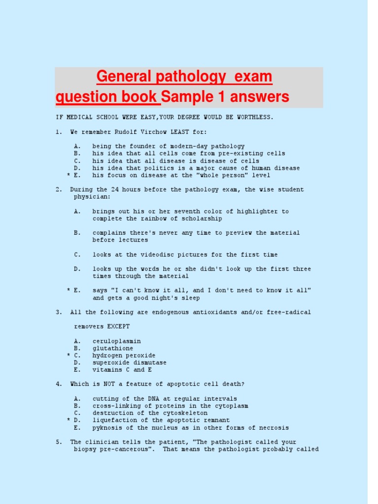 General Pathology Exam Question Book Sample 1 Answers PDF