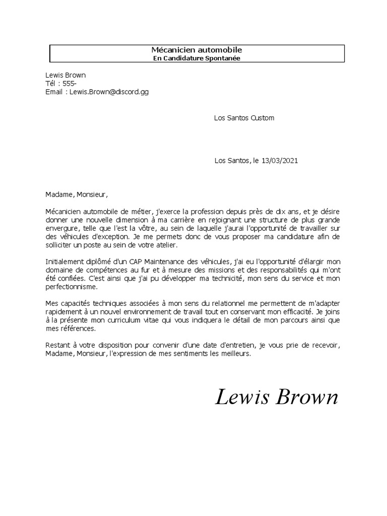 Lettre Motivation Mecanicien Automobile  PDF