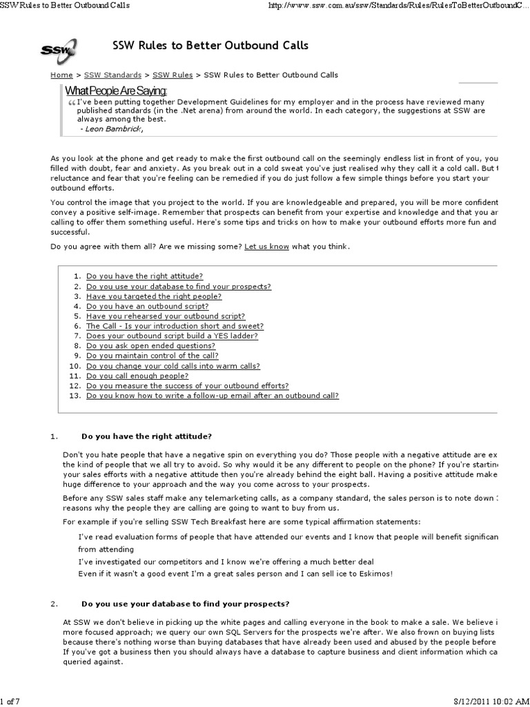 SSW Rules To Better Outbound Calls | PDF | Sales | Share Point