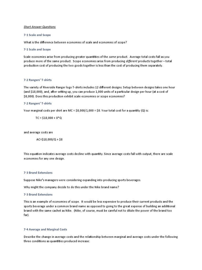 7-1 Scale and Scope: Short Answer Questions | PDF | Average Cost ...